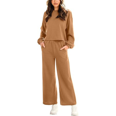 QWZNDZGR Women’s Two Piece Outfits Long Sleeve Crop Top Wide Leg Pants Knit Sweatsuit Loungewear Swe | Walmart (US)