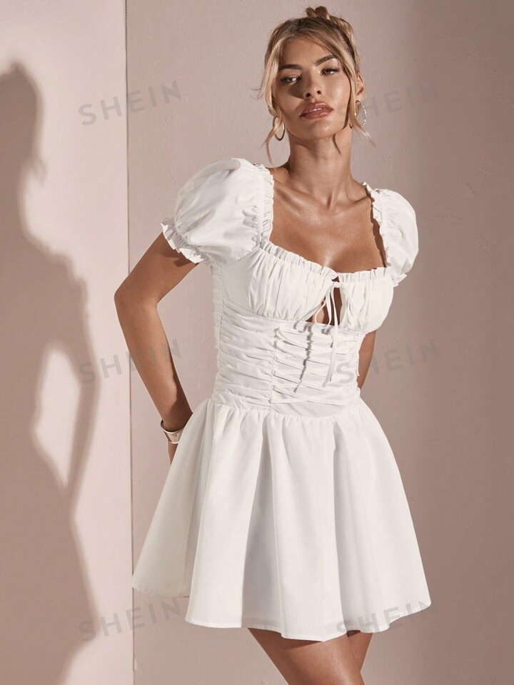 SHEIN BAE Back-To-School Dress With Square Neckline, Pleats, And Straps, Solid Color, White, Summ... | SHEIN