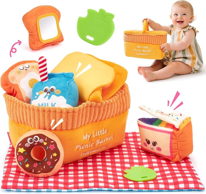Hahaland Baby Toys 6-12 Months – Picnic Basket Sensory Toy with Crinkle, Rattles, Teether & Mir... | Amazon (US)