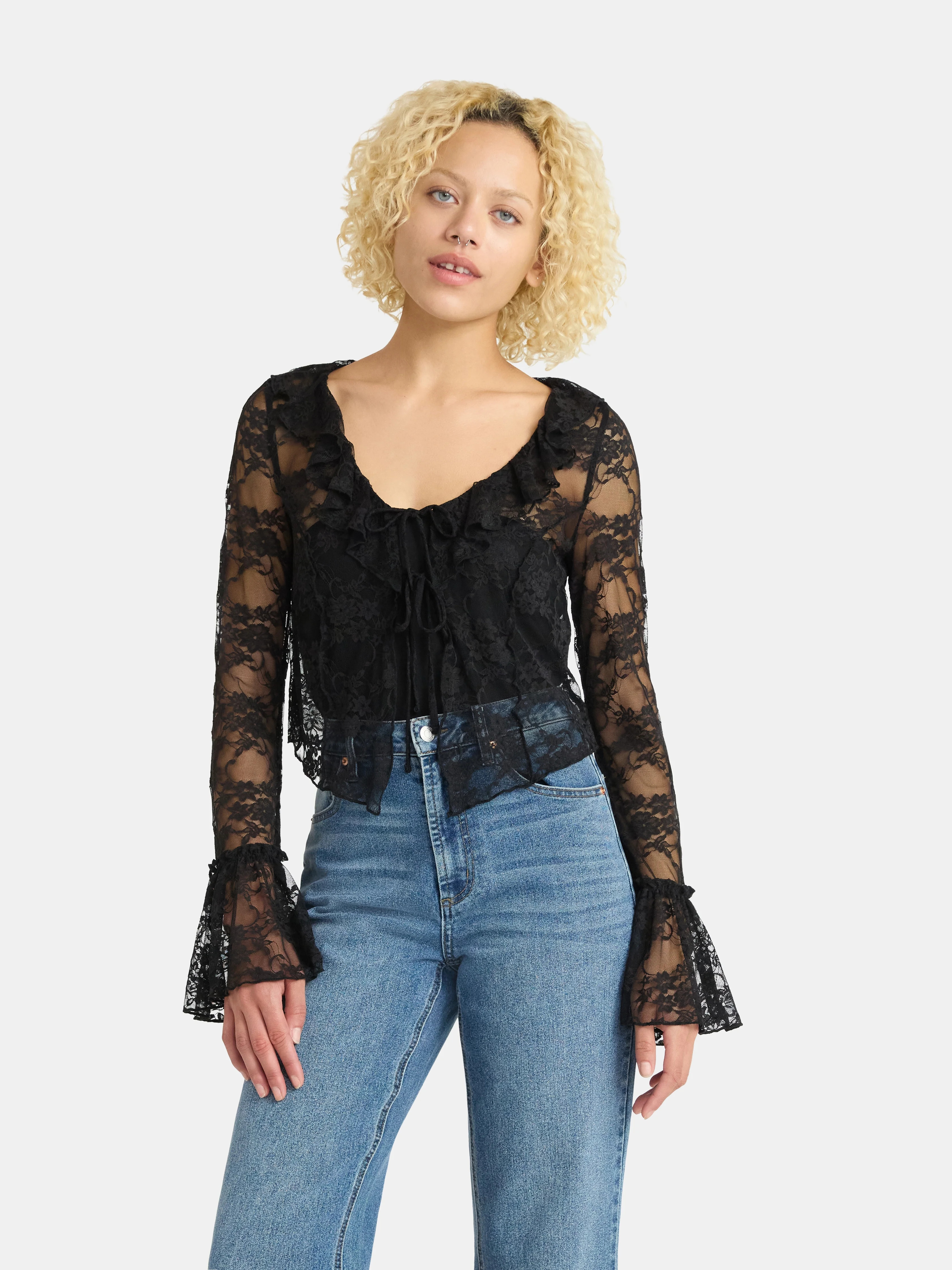 No Boundaries Cascade Ruffle Tie Front Lace Top with Bell Sleeves, Women's - Walmart.com | Walmart (US)