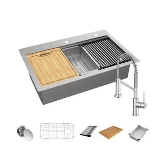 AIO 33 in. Drop-in/Undermount Single Bowl 18 Gauge Stainless Steel Workstation Kitchen Sink with ... | The Home Depot