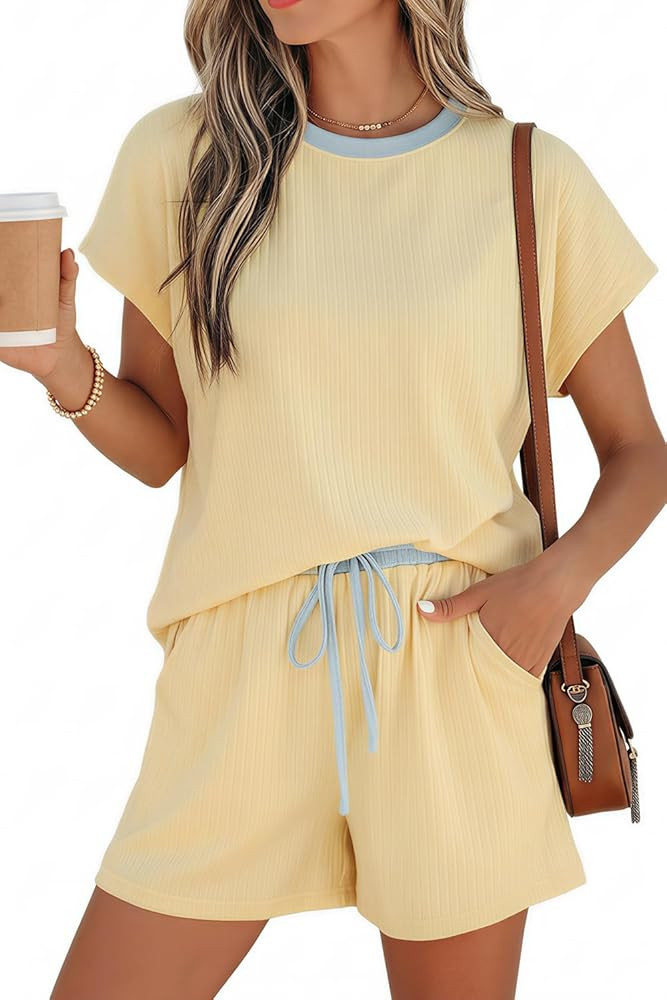 Opemiby Women 2 Piece Outfits Summer Ribbed Side Slit T Shirt Top and Shorts Matching Lounge Set | Amazon (US)