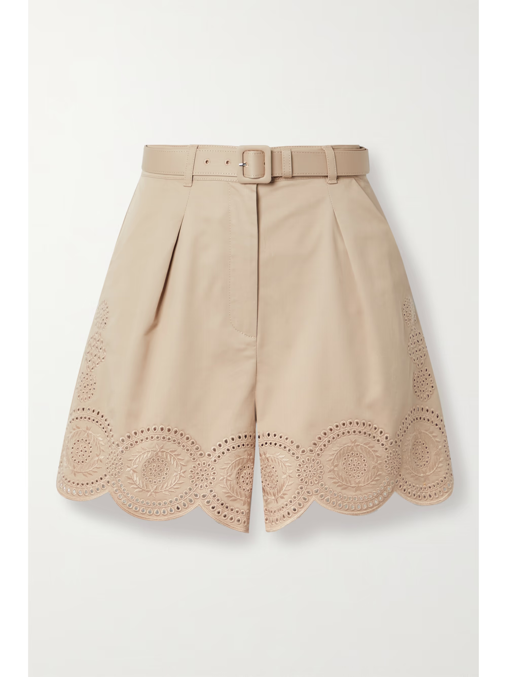 Beige Belted broderie anglaise cotton shorts | SELF-PORTRAIT | NET-A-PORTER | NET-A-PORTER (UK & EU)