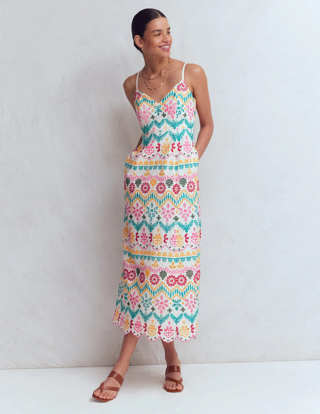 Empire Linen Broderie Dress-Multi Broderie | Boden (US)