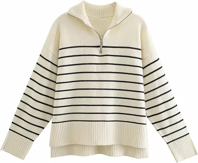 Women's 1/4 Zipper Collar Long Sleeve Sweater Stripe Color Block Loose Knitted Slit Pullovers Top... | Amazon (US)