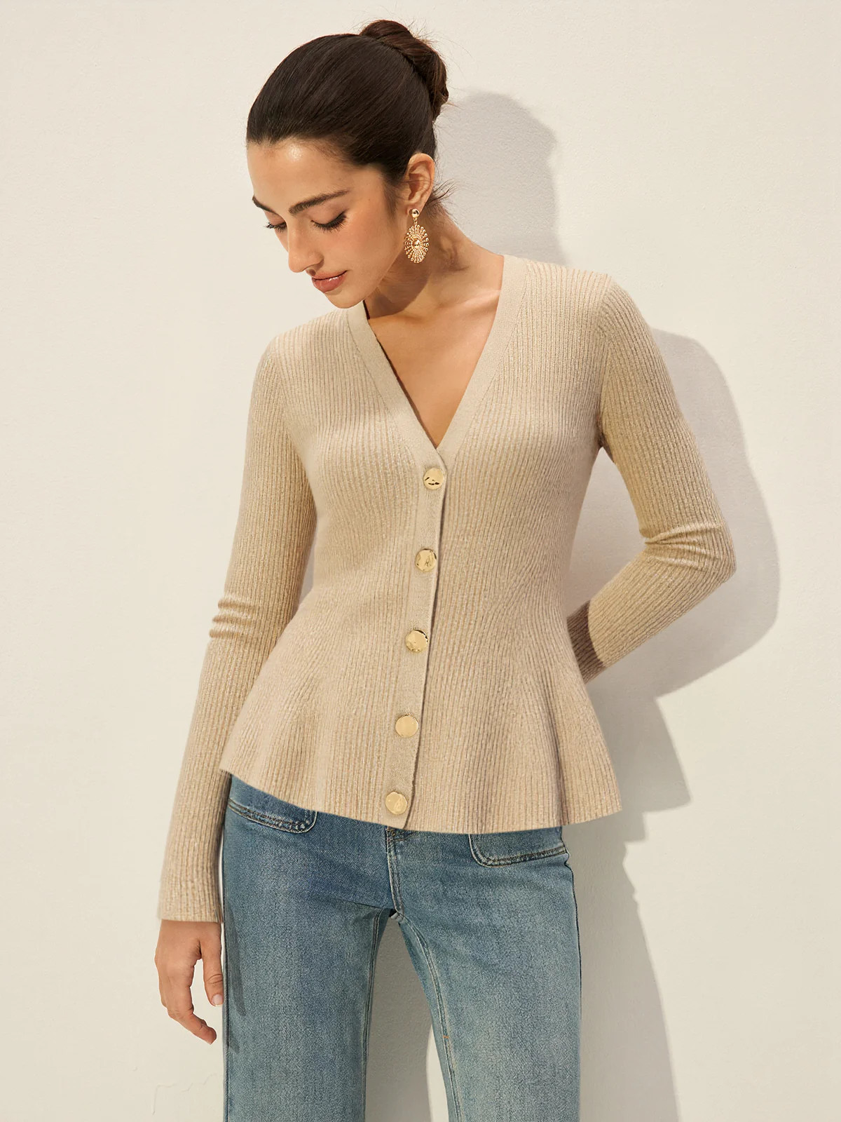 V-Neck Button Ribbed Cardigan | Commense