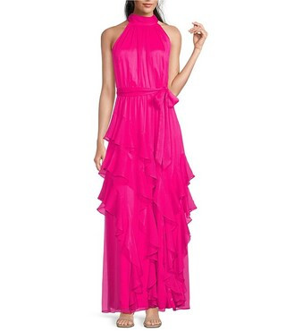 Nina Chiffon Halter Sleeveless Tiered A-Line Dress | Dillard's