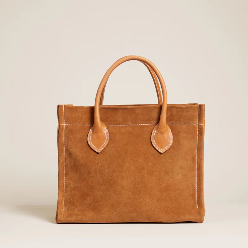 Parker - Suede Caramel with Cognac Leather Saddle Handle and Piping | Parker Thatch