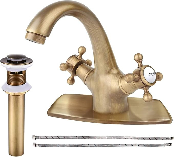 Bathroom Sink Faucet Antique Brass with Pop up Drain with Overflow Double Cross Handle Single Hol... | Amazon (US)