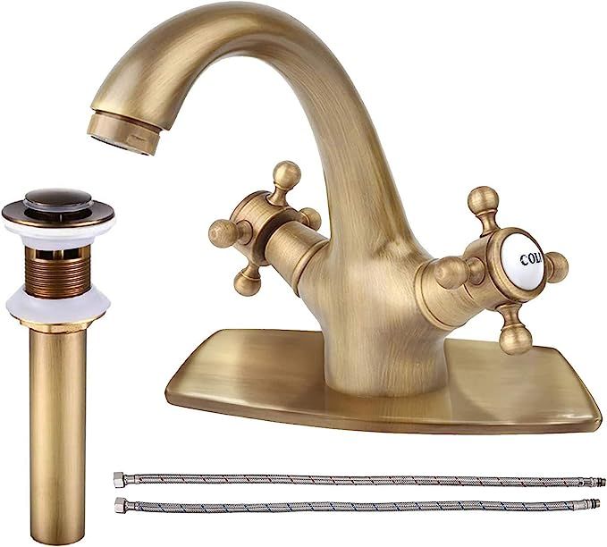 Bathroom Sink Faucet Antique Brass with Pop up Drain with Overflow Double Cross Handle Single Hol... | Amazon (US)