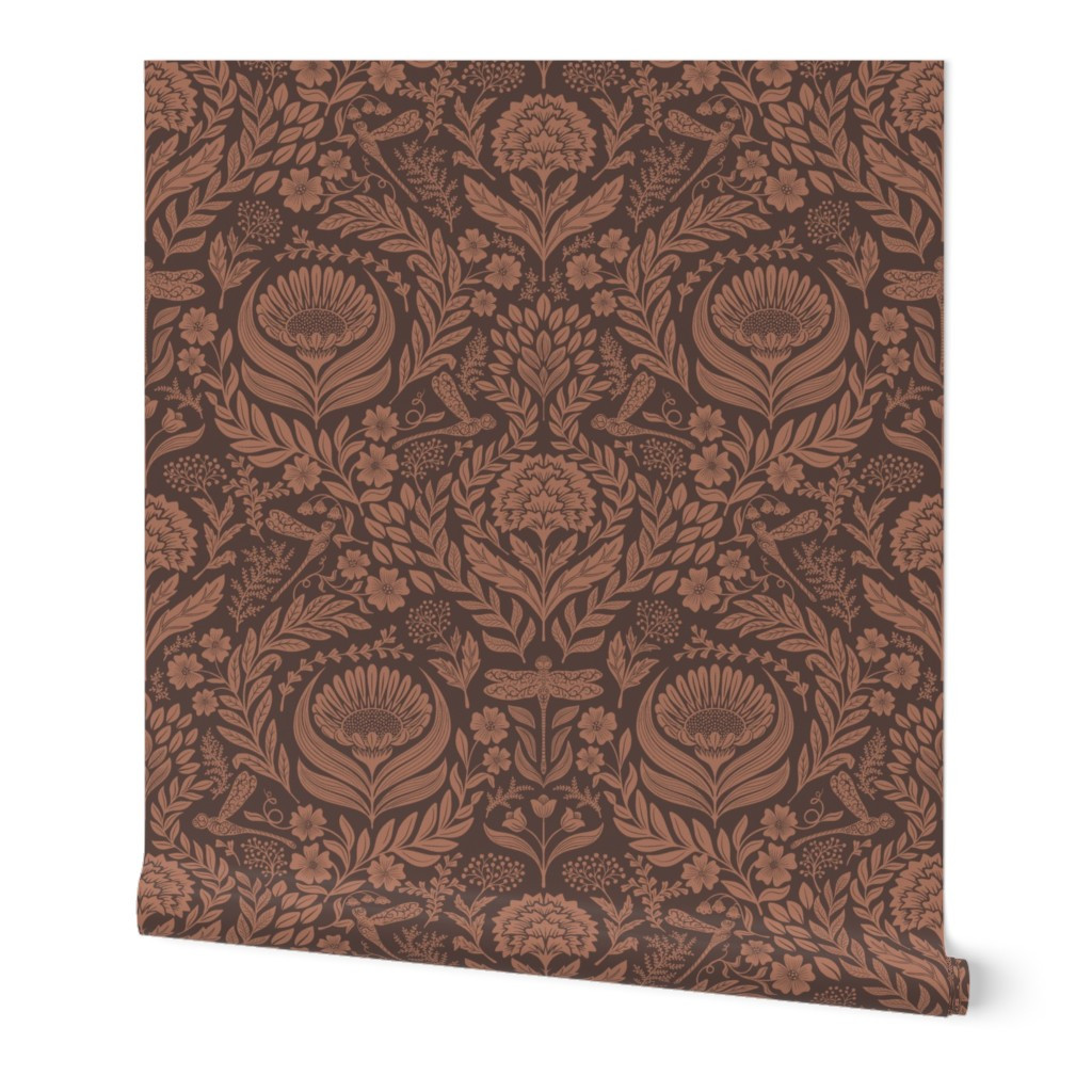 Wallpaper in Victorian Floral Damask - Mocha Mousse and Chocolate Martini | Spoonflower