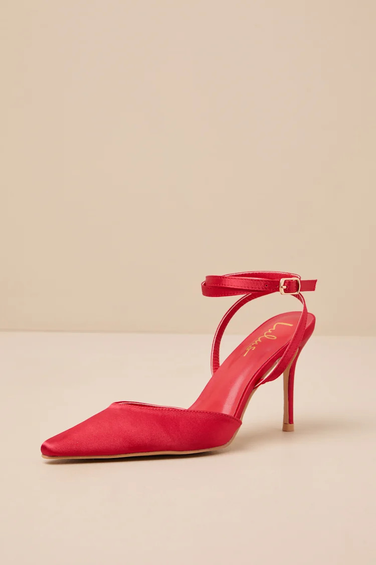 Auberron Cherry Red Satin Ankle Strap Pumps | Lulus