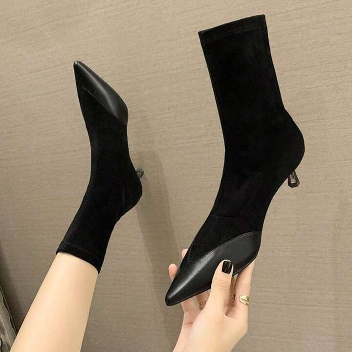 Stretch Sock Boots Women's Pointed Toe Mid-heel Short Boots, Thin High-heeled Shoes For Fall/wint... | SHEIN