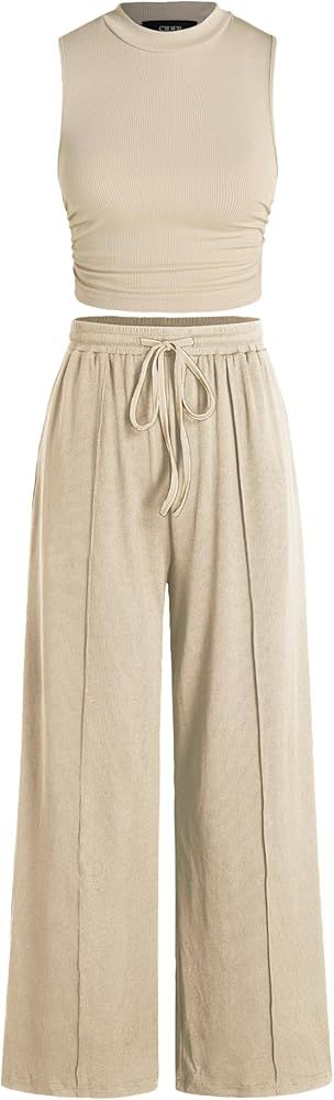 CIDER Ruched Tank Crop Top & Elastic Waist Knotted Trousers Set | Amazon (US)