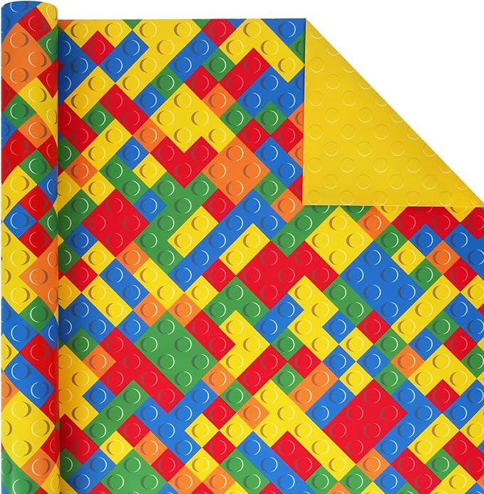 BIOBROWN Reversible Building Blocks Wrapping Paper for Boys Girls - 17 Inch X 33 Ft - Colorful Bu... | Amazon (US)