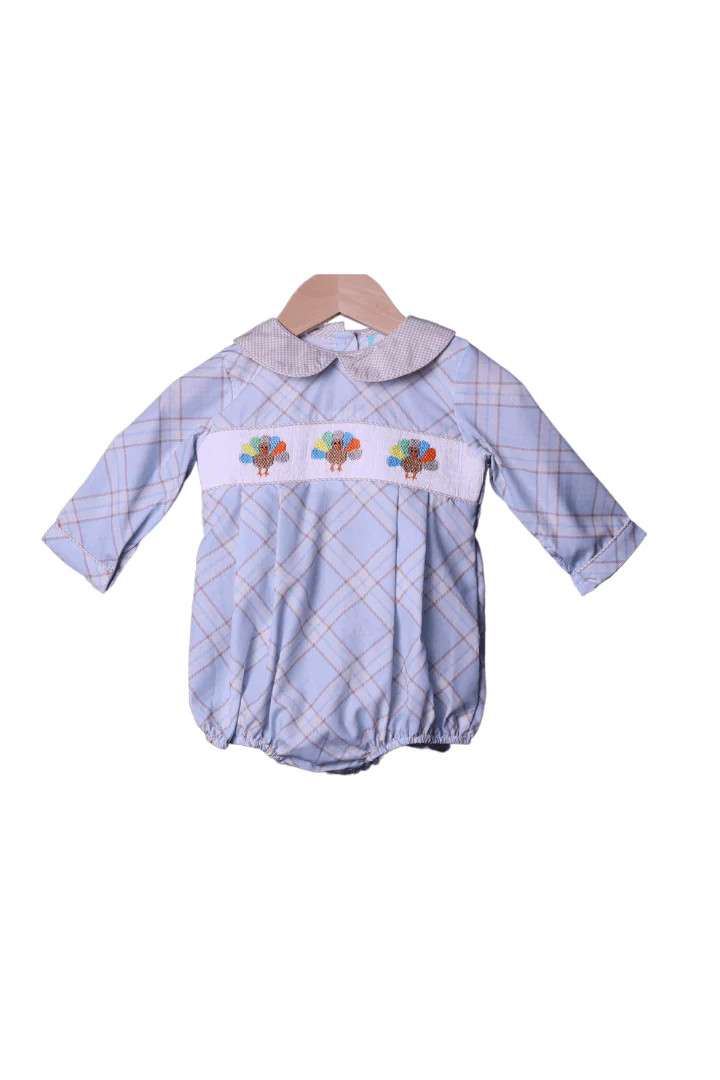 Smocked Blue and Khaki Plaid Turkey Bubble | The Smocked Flamingo