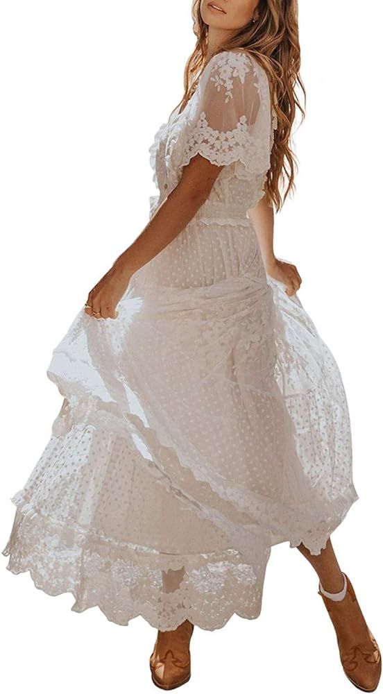 Bdcoco Women's V Neck Button Down Floral Lace Maxi Dress Casual Short Sleeve Boho Flowy Dresses | Amazon (US)