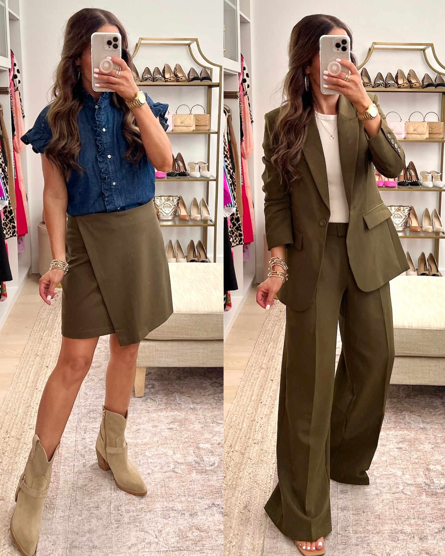 Wearing size S in tops and skirt and jacket. Size 4 in pants 