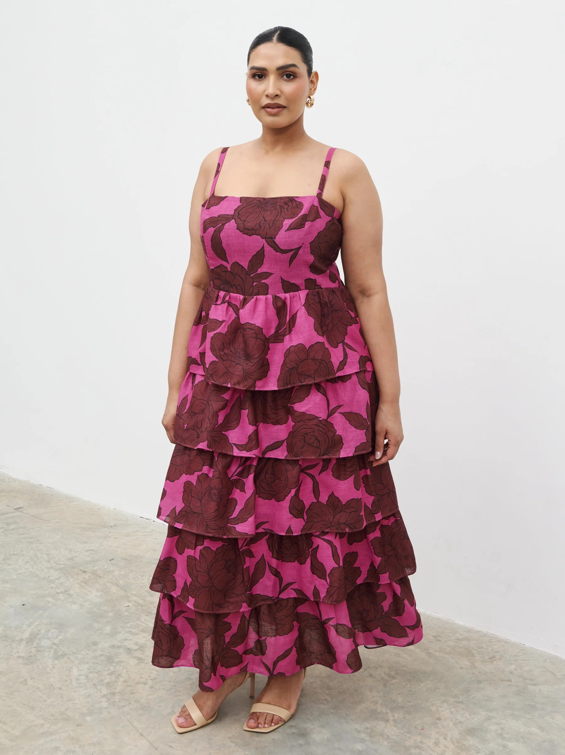 Aalyiah Square Neck Ruffle Midaxi Dress Curve - Brown and Fuchsia Flor | Pretty Lavish (UK)