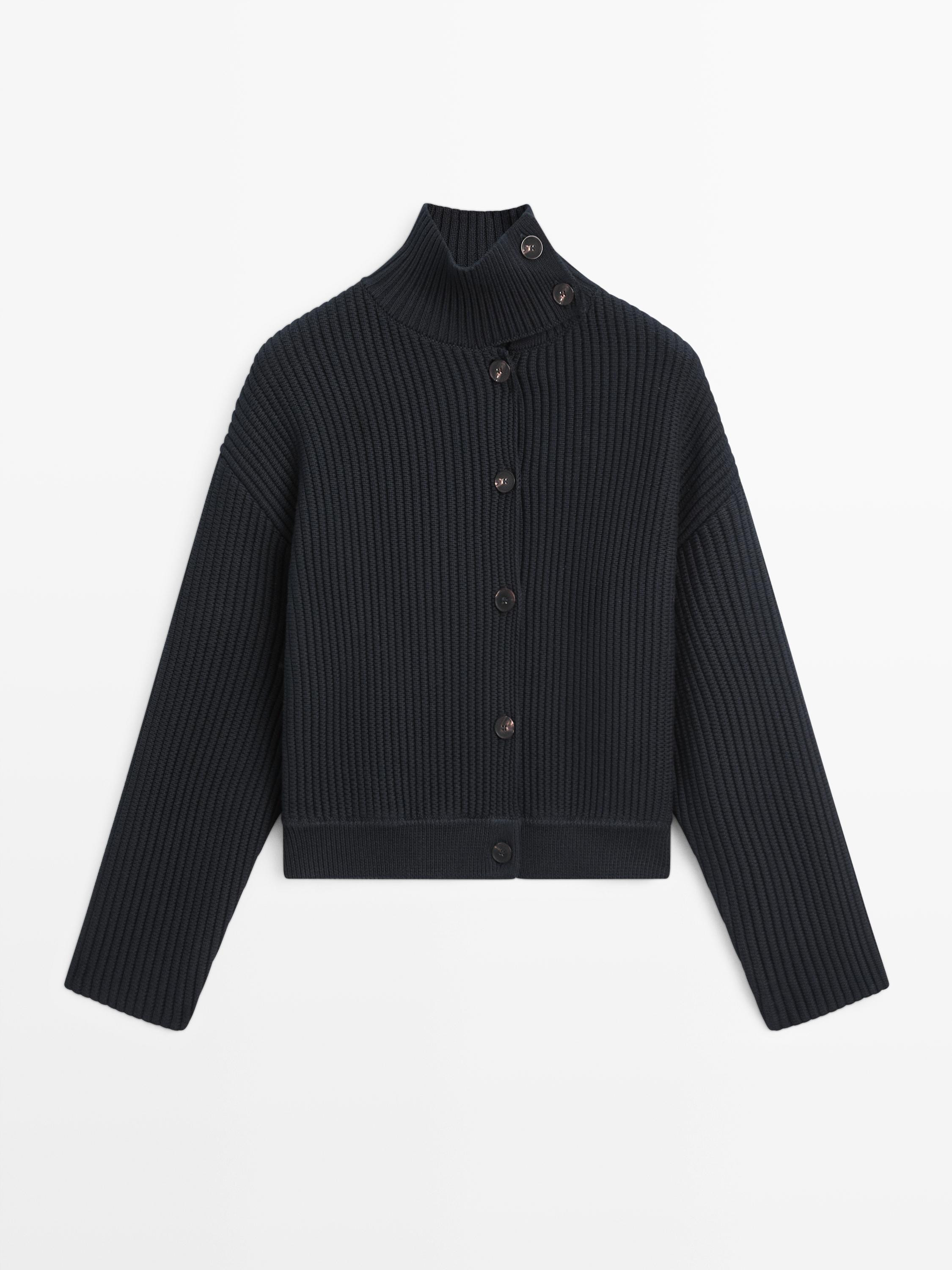 Cotton high neck knit cardigan | Massimo Dutti UK