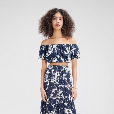 Women's Off-Shoulder Crop Blouse - Wild Fable™ Cream/Navy Print 4X | Target