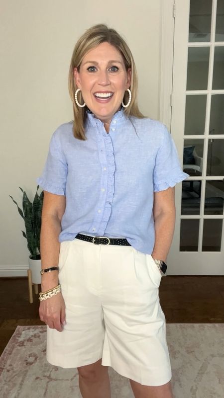 🎉Best Seller AND currently on sale 40% off!
🔗Comment “LINEN” and I’ll send you the links to shop.

🥰You have been LOVING this darling blue linen ruffled top, and now it’s on sale.
It is available in 3 other colors. 
I’m dreaming of the Roasted Cocoa (brown).

😊Also, these linen trousers ARE EVERYTHING!
They are fully lined, and hit at the “just right” place on your leg.
Bermuda shorts are BACK.  And I’m not mad about it!

😎Adding some black accessories to pull this look together.
I’ll link similar ones in today’s post.

✨I’m totally smitten with all the linen and love how chic and relaxed the silhouette is.
Highly recommend!
Top and shorts run tts. 

#LTKFindsUnder100 #LTKSaleAlert #LTKStyleTip