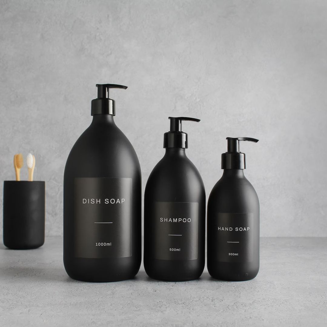Matte Black Glass Bottle - Refillable Coloured Soap Dispenser With Black Pump & Label | For Shamp... | Etsy (US)