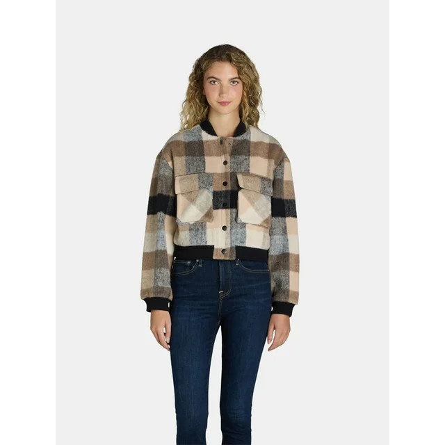 Madden NYC Juniors Plaid Cargo Bomber Jacket, Sizes XXS-XXL - Walmart.com | Walmart (US)