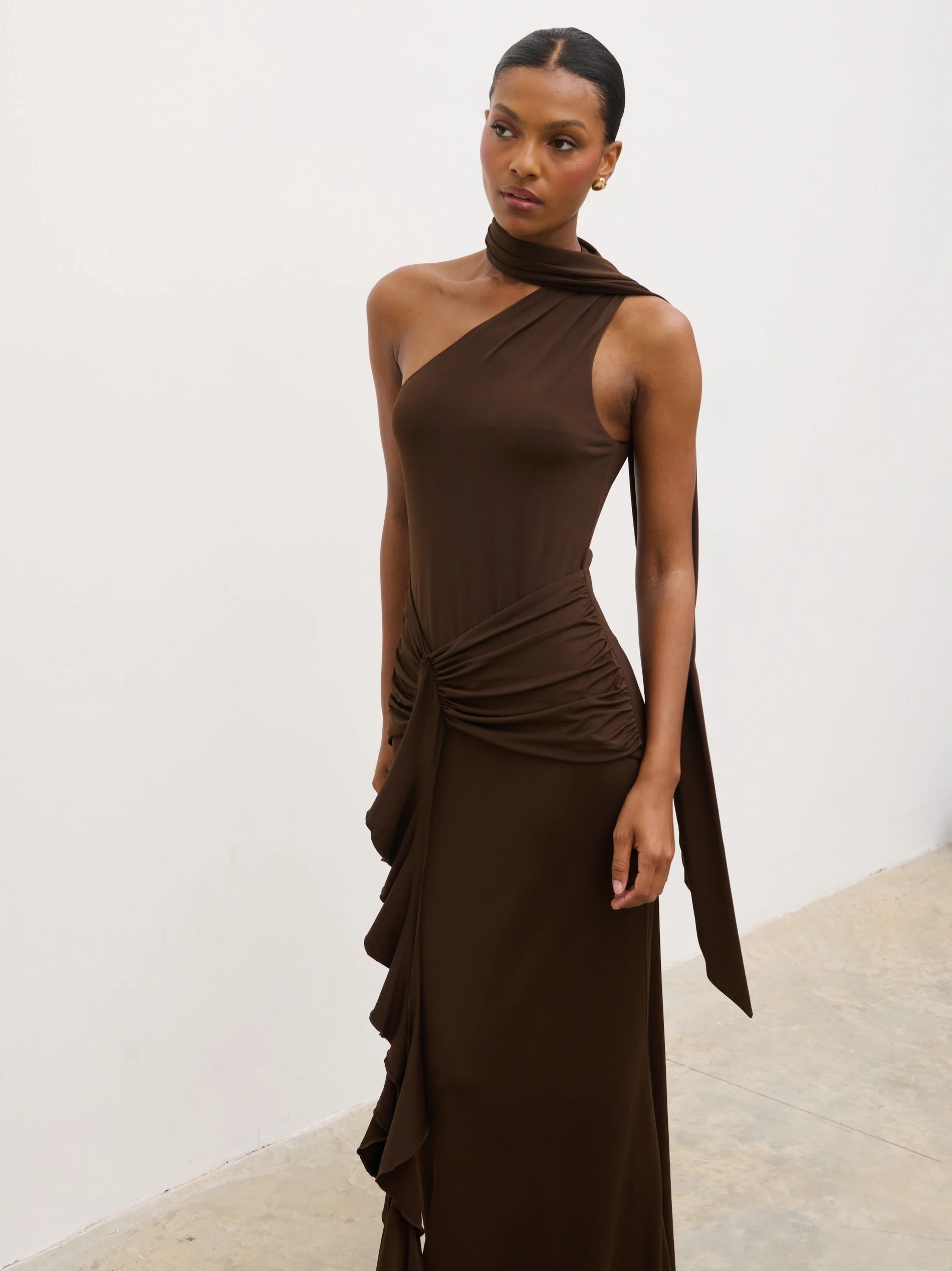 Celina Drape Ruffle Jersey Maxi Dress - Brown | Pretty Lavish (UK)
