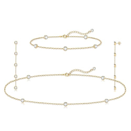 LULII Gold Jewelry Set for Women Dainty 14K Gold Plated Diamond CZ Chain Necklace and Earring Set with Drop Earrings Bracelets Gold Necklace Wedding Jewelry Gift | Amazon (US)
