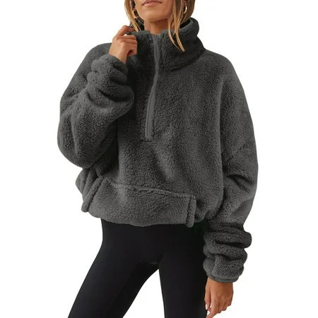 Quarter Zip Pullover Women Fuzzy Fleece Hoodie Sherpa Sweatshirt Warm Long Sleeve Tunic Sweater with Pocket Fall and Winter Clothes | Walmart (US)