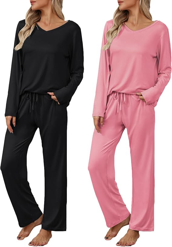 Ekouaer Women's 2 Pack Long Sleeve Pajama Sets V Neck Lounge Sets | Long Sleeve Tops,Drawstring P... | Amazon (US)