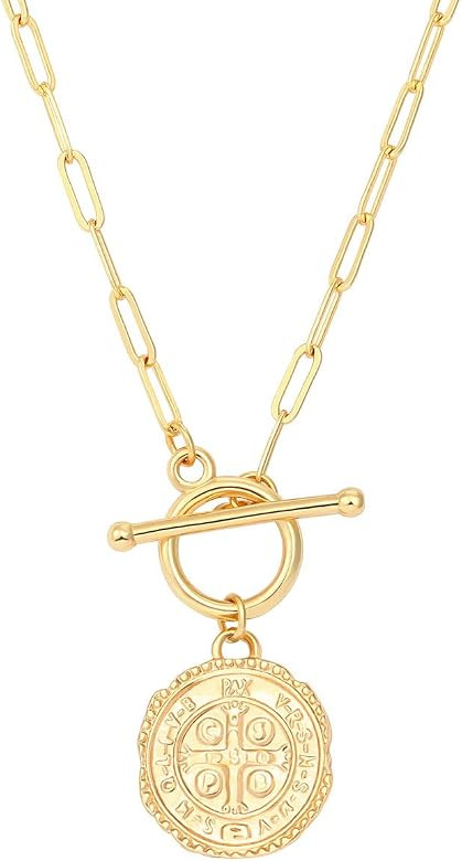 Saint Benedict Medals Necklace Owl Drop 18K Gold Toggle Medallion Coin Cross Pendant Necklaces Ev... | Amazon (US)