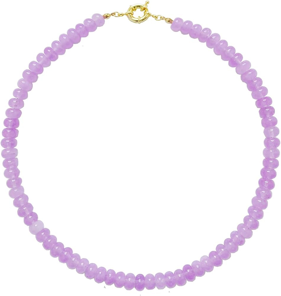 Beaded Gemstone Necklace for Women, Pure Color Boho Bead Choker Natural Stone Surfer Beach Rainbo... | Amazon (US)