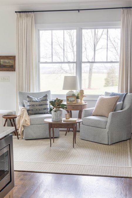 Sitting room with Loloi rug, blue upholstered chairs, linen curtains, pinch pleat curtains, faux stems, magnolia 

#LTKhome #LTKSeasonal