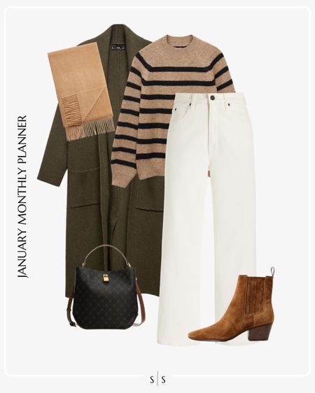 Monthly outfit planner: JANUARY: Winter looks |  long knit coat, striped sweater, white denim, western boot, crossbody shopper bag, scarf 

See the entire calendar on thesarahstories.com ✨ 


#LTKstyletip