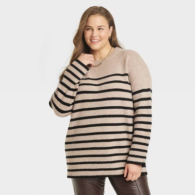Women's Crewneck Tunic Pullover Sweater - A New Day™ Cream/Black Striped XXL | Target
