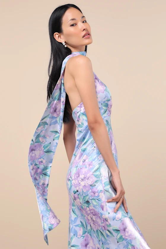 Malani Light Blue Floral Satin Sash Midi Dress | Lulus