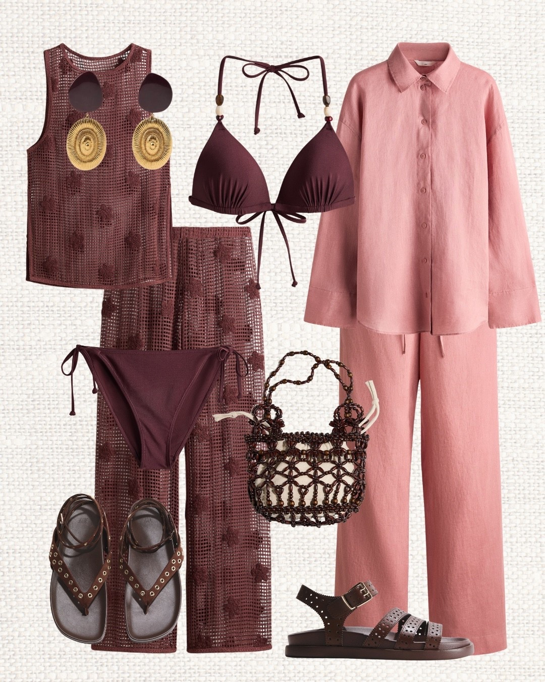 Chocolate brown and soft rose tones are such an elegant combination for summer 🤎✨ I love how this textured crochet co-ord instantly creates that effortless resort look, especially layered over a burgundy bikini for beach clubs or pool days 🌊🍷 The relaxed linen shirt and trousers add a polished contrast, making this an easy outfit to wear from the beach straight to lunch ☀️

Like this post to save it to your favourite folder and come back later to shop.

crochet co ord set, chocolate brown outfit, burgundy bikini set, summer crochet outfit, H&M crochet set, beach club outfit, resort outfit women, summer vacation outfit, linen shirt outfit, linen trousers outfit, neutral summer outfit, brown summer fashion, woven summer bag, leather sandals women, statement earrings outfit, chic beach outfit, Mediterranean summer style, effortless resort wear, holiday outfit women, summer matching set 🤎☀️🏝️

#LTKSeasonal #LTKSwim #LTKFestival