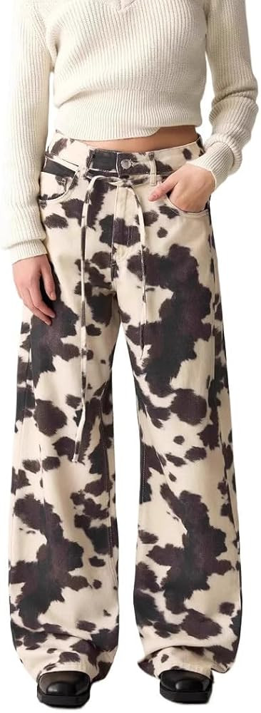 heyheyshine Cow Print Pants for Men Women Wide Leg Jeans Y2K Straps with Drawstring Streetwear Ba... | Amazon (US)