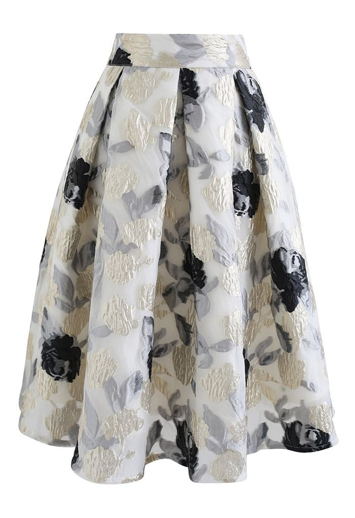 Black and Golden Rose Embossed Jacquard Pleated Skirt | Chicwish