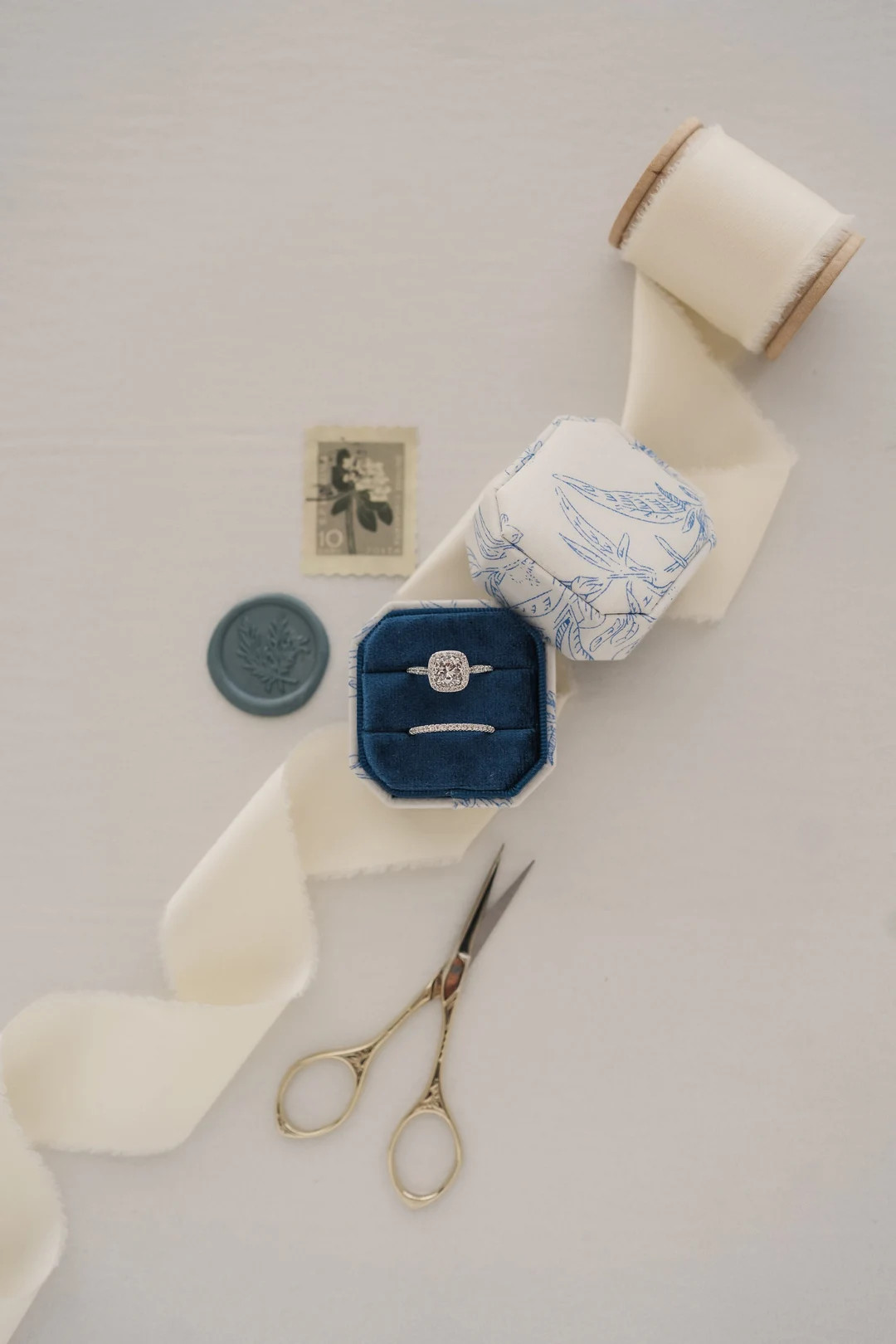 Blue Toile Linen Ring Box, Navy Velvet and White Linen, Double Slot Jewelry Box for Rings, Weddin... | Etsy (US)