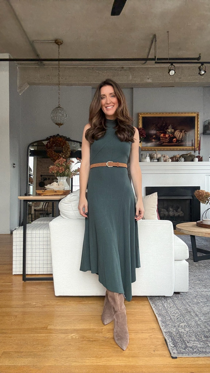 This dress is under $100 for Nordstrom - perfect fall event dress! Asymmetrical skirt, styled with knee high suede boots and a belt.  

#LTKPetite #LTKWorkwear #LTKStyleTip