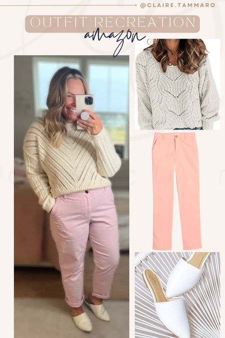 Recreating this Old Navy look on Amazon Prime curvy midsize spring outfit ideas chevron open knit sweater color pink pants faux leather mules

#LTKcurves #LTKunder100