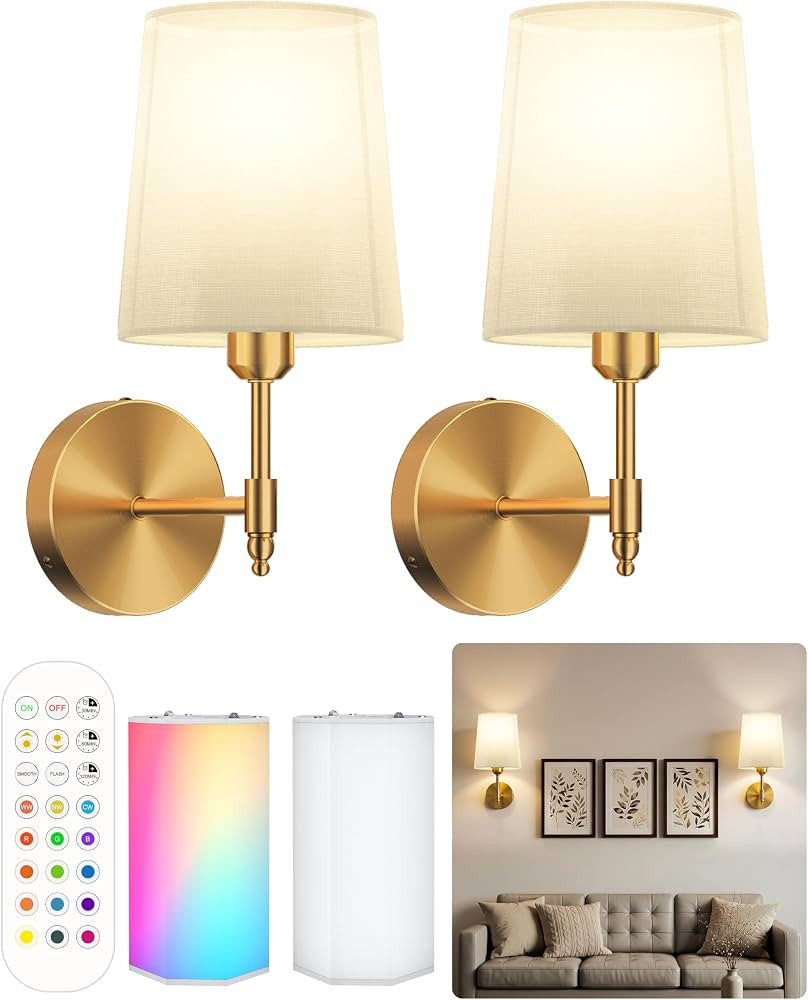 Ouyulong Battery Operated Wall Sconces Set of 2, Wireless Rechargeable Dimmable Wall Light with 1... | Amazon (US)