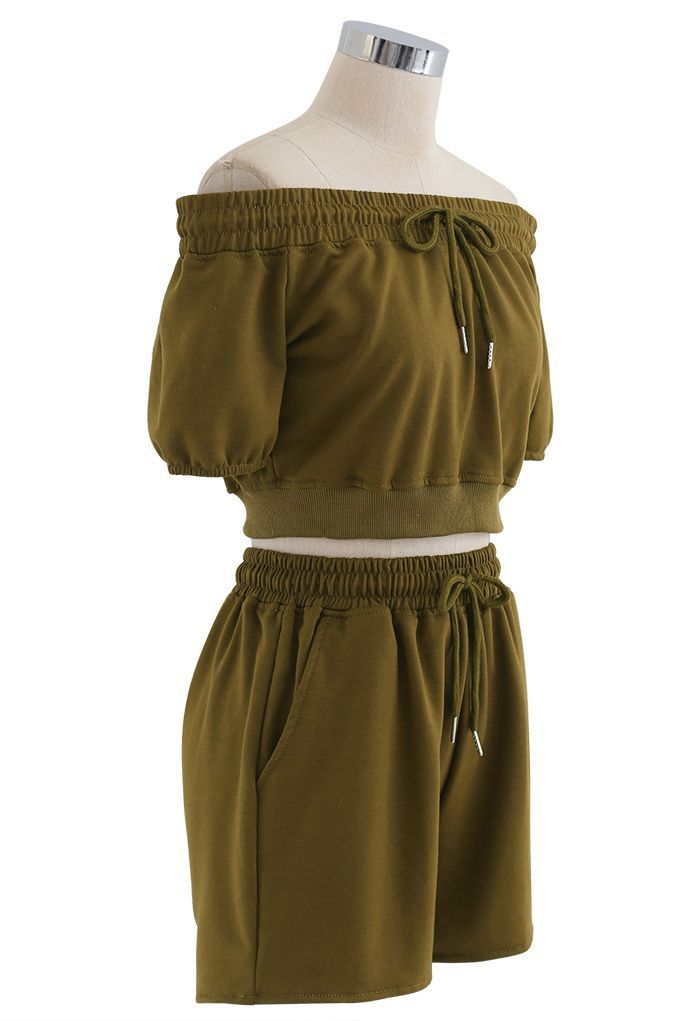 Drawstring Off-Shoulder Crop Top and Shorts Set in Moss Green | Chicwish