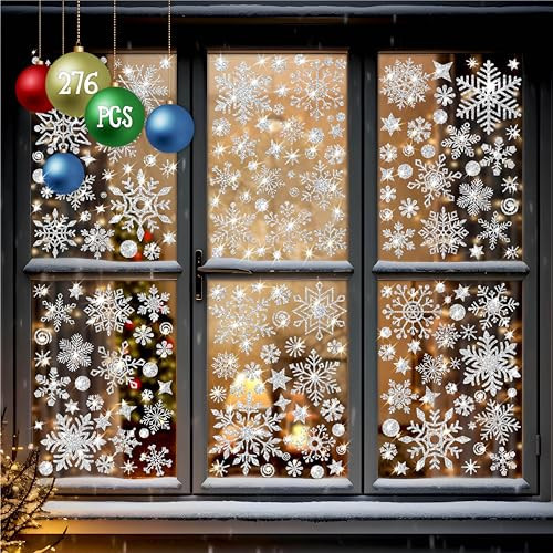 276PCS Glitter Snowflake Window Clings, 35+ Designs Double Sided Static Stickers Window Decoration Christmas Ornaments Reusable Winter Party Supplies New Year Decals for Winter Holiday (8 Sheets) | Amazon (US)