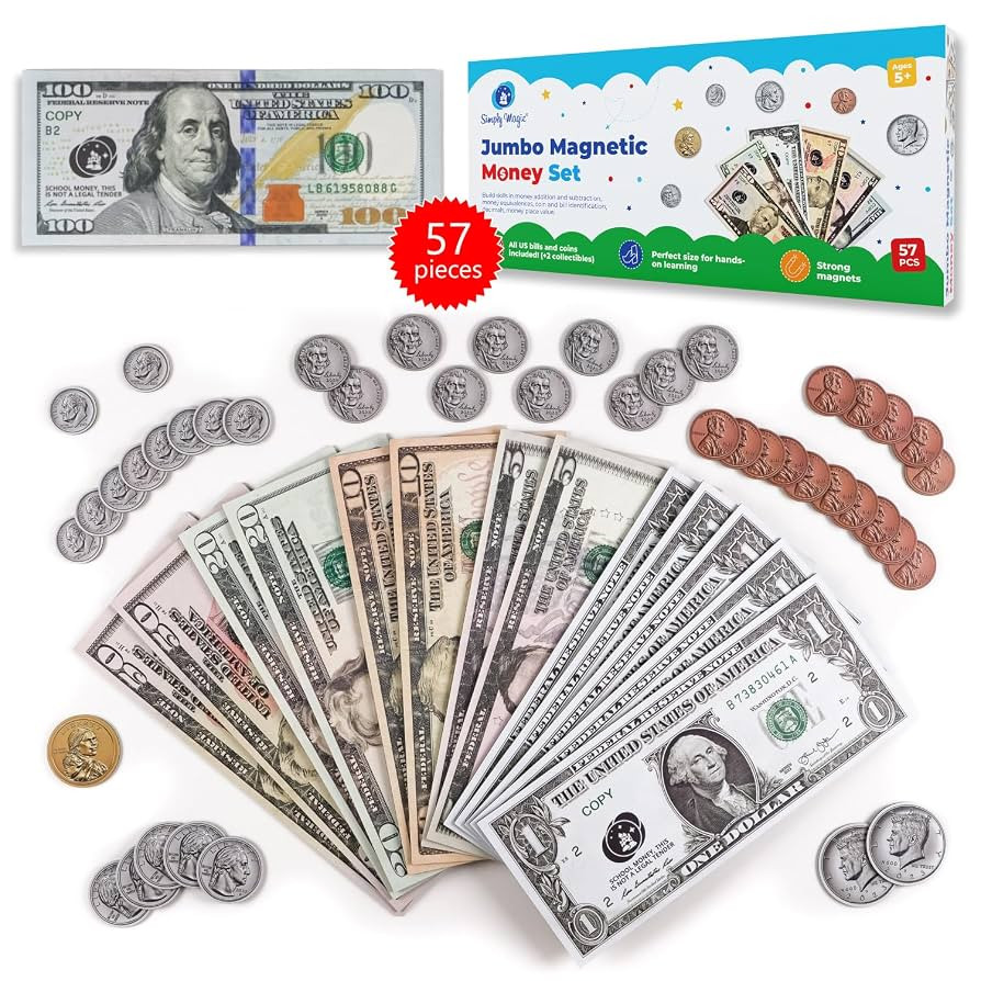 Simply magic 57 PCS Jumbo Magnetic Money - Large Play Money for Kids for Learning, Pretend Money ... | Amazon (US)