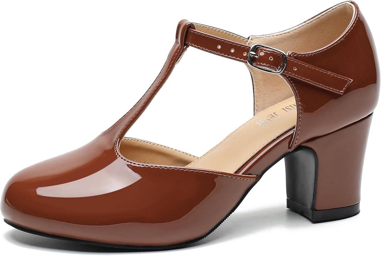 MAIERNISI JESSI Zapatos de tacón Mary Jane con correa en T para mujer, tacón de bloque de 2.56 ... | Amazon (US)