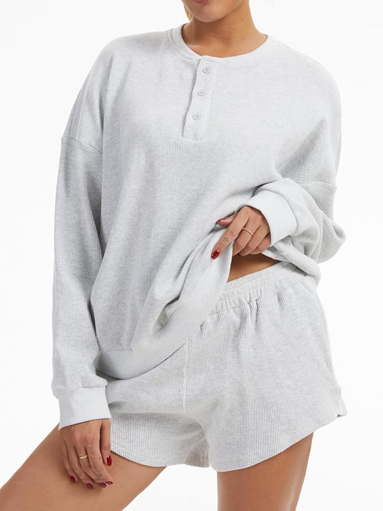 AnotherChill Women's Waffle Knit 2 Piece Lounge Short Sets Cozy Outfits | Amazon (US)